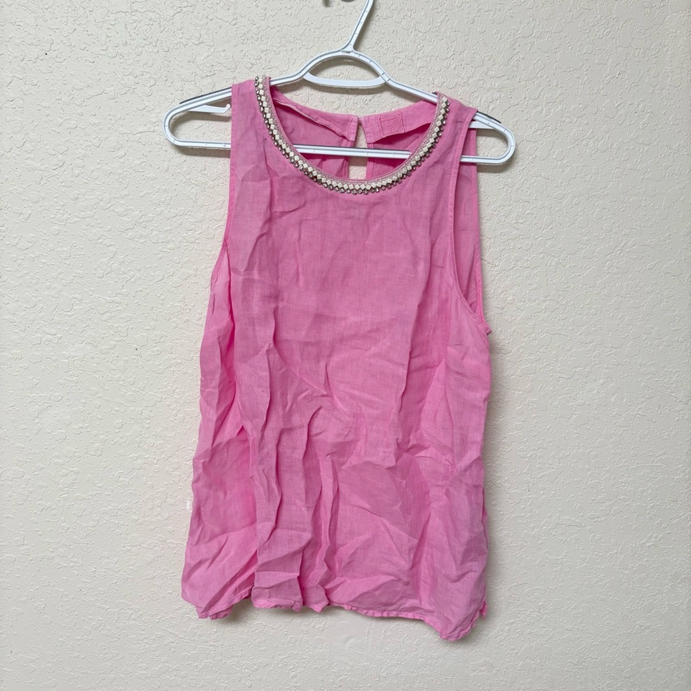 120% Lino Womens Linen Sleeveless Tank Blouse Pink Size L Scoop Neck